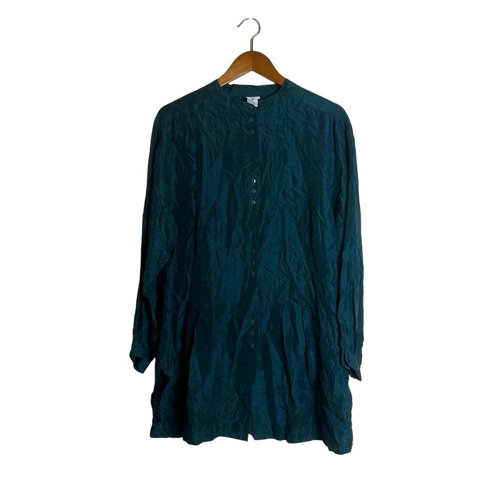 Sostanza Womens Teal 100% Silk Mandarin Collar Button Front Blouse Tunic‎ 16W